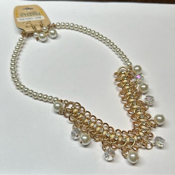 Prizma Boho Faux Pearl 3 Gold Tone Chain Links Necklace Pearl Dangle Earring NWT - Picture 1 of 7